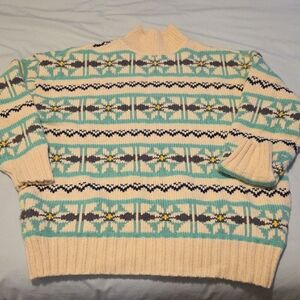 American Eagle Cream and Aqua Patterned Knit Sweater
